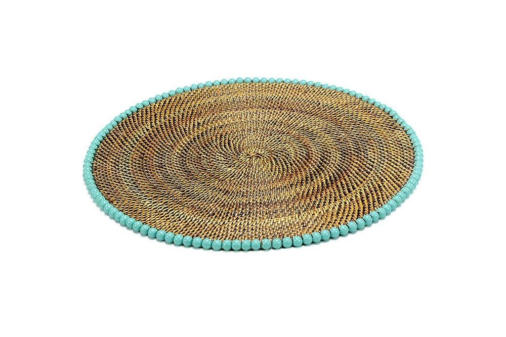 14" Round Placemat with Aqua Wood Beads - Set of 4 by Calaisio