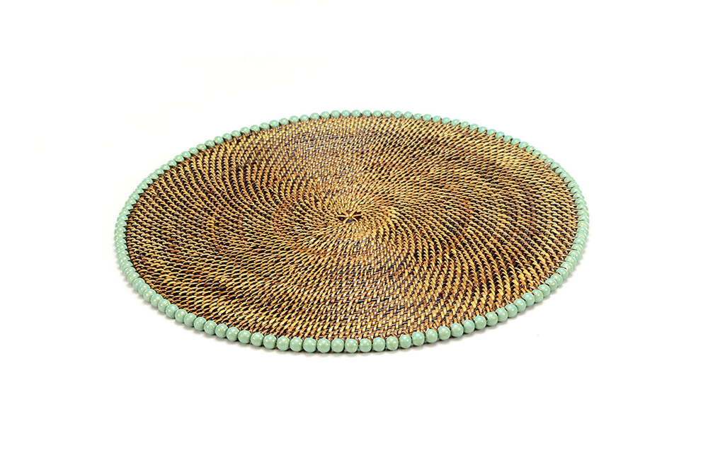 14" Round Placemat with Light Mint Gold Wood Beads - Set of 4 by Calaisio