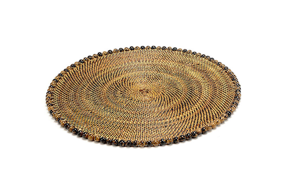 14" Round Placemat with Tortoise, Natural Seed Beads - Set of 4 by Calaisio