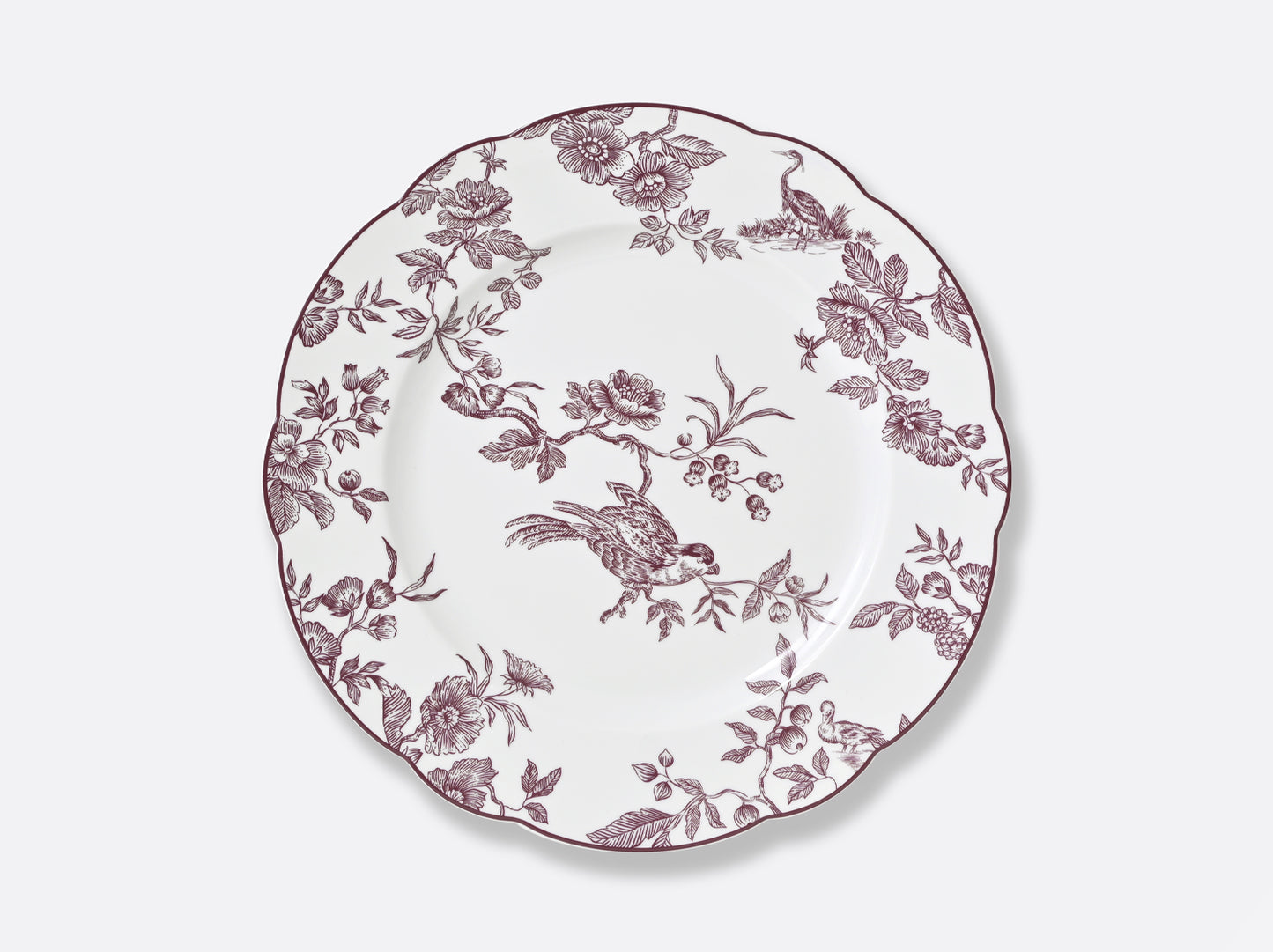 Bernardaud Albertine Prune 10.5" porcelain dinner plate with toile-de-Jouy plum decor