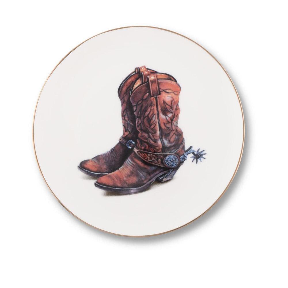 Amarillo Western Boot Pattern Bone China Round Salad Plate by Vagabond House