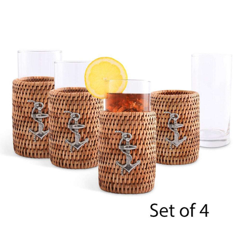 Anchor Drinking Glass Covered with Hand Woven Wicker Rattan - Set of 4 by Vagabond House
