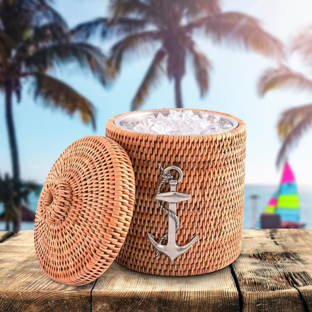 Anchor Hand Woven Wicker Rattan Lidded Ice Bucket by Vagabond House 7