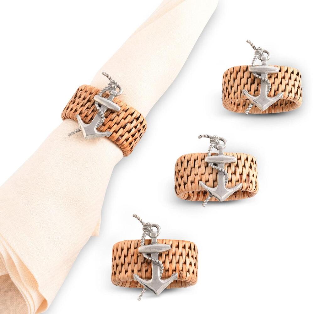 Anchor Hand Woven Wicker Rattan Napkin Ring - Set of 4 by Vagabond House