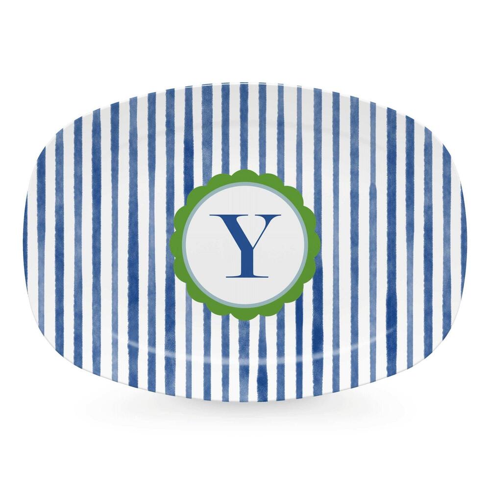 Blue Simple Stripes Platter with Scallop Interior - Y by Mariposa