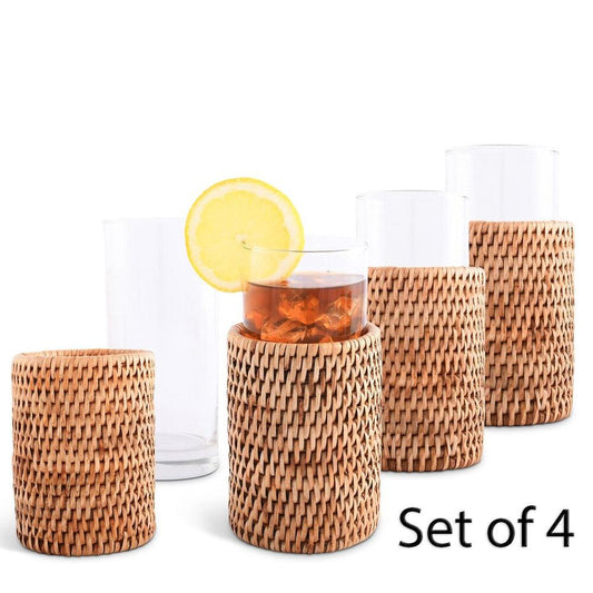Drinking Glass Covered with Hand Woven Wicker Rattan - Set of 4 by Vagabond House