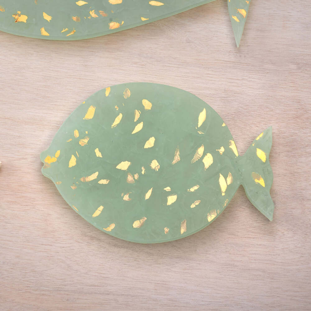 Elements 8" x 12" Green with Gold Flakes Kisser Fish by Annieglass Additional Image -1