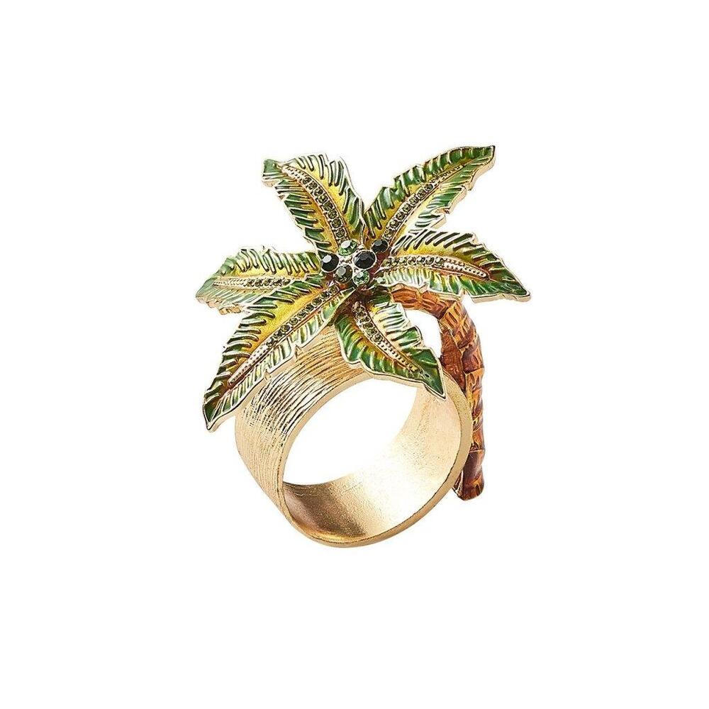 Palm Coast Napkin Ring in Green & Gold - Set of 4 in a Gift Box by Kim Seybert