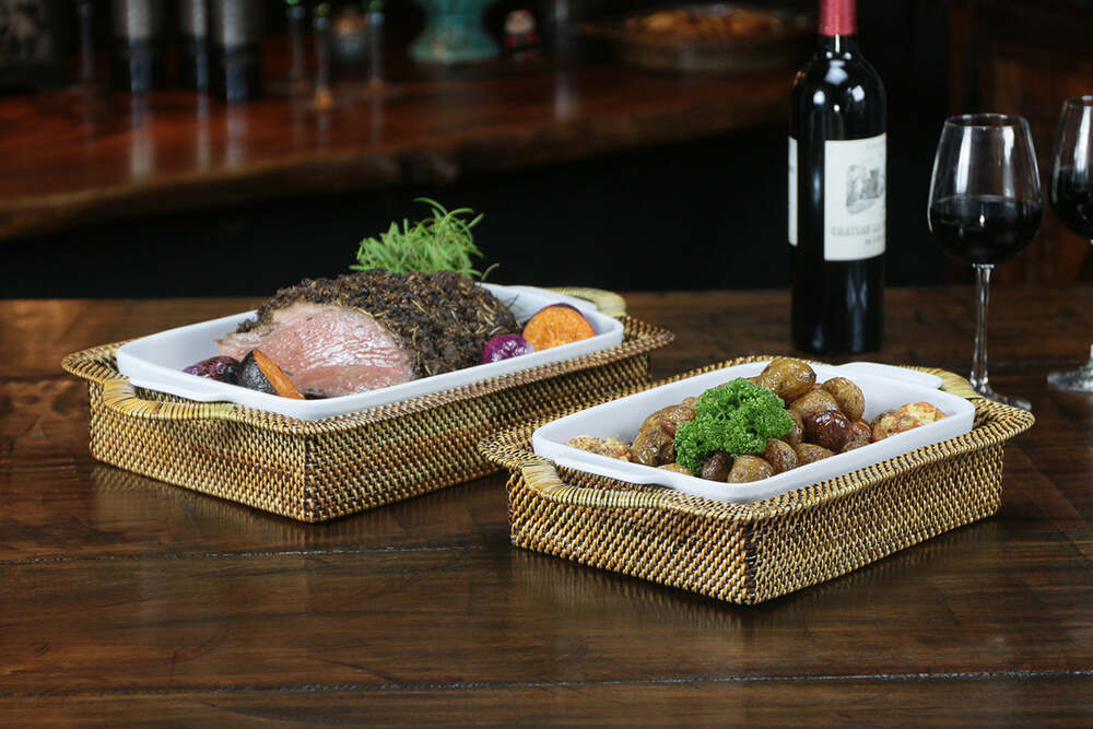 Rectangular Medium 2QT Casserole Basket with Stoneware Roaster by Calaisio 1