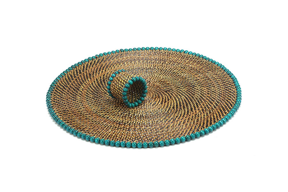 Round Placemat and Napkin Ring with Seagreen Wood Beads - Set of 4 by Calaisio