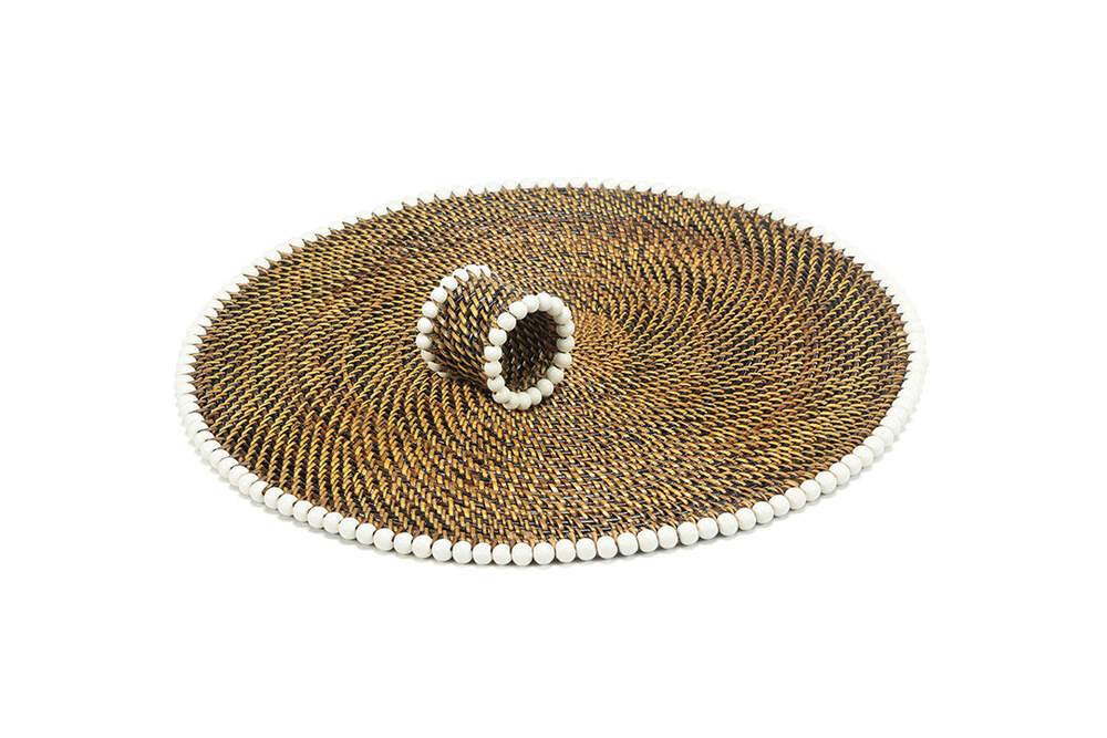 Round Placemat and Napkin Ring with White Wood Beads - Set of 4 by Calaisio