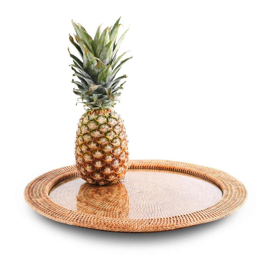 Round Serving Tray Hand Woven Wicker Rattan - Glass Insert by Vagabond House