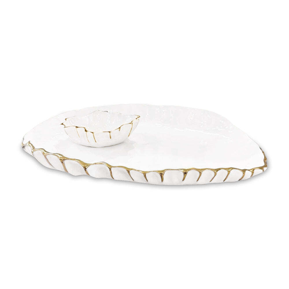 Thanni Mystic Large Oval Platter with Mini Bowl - White & Gold by Beatriz Ball