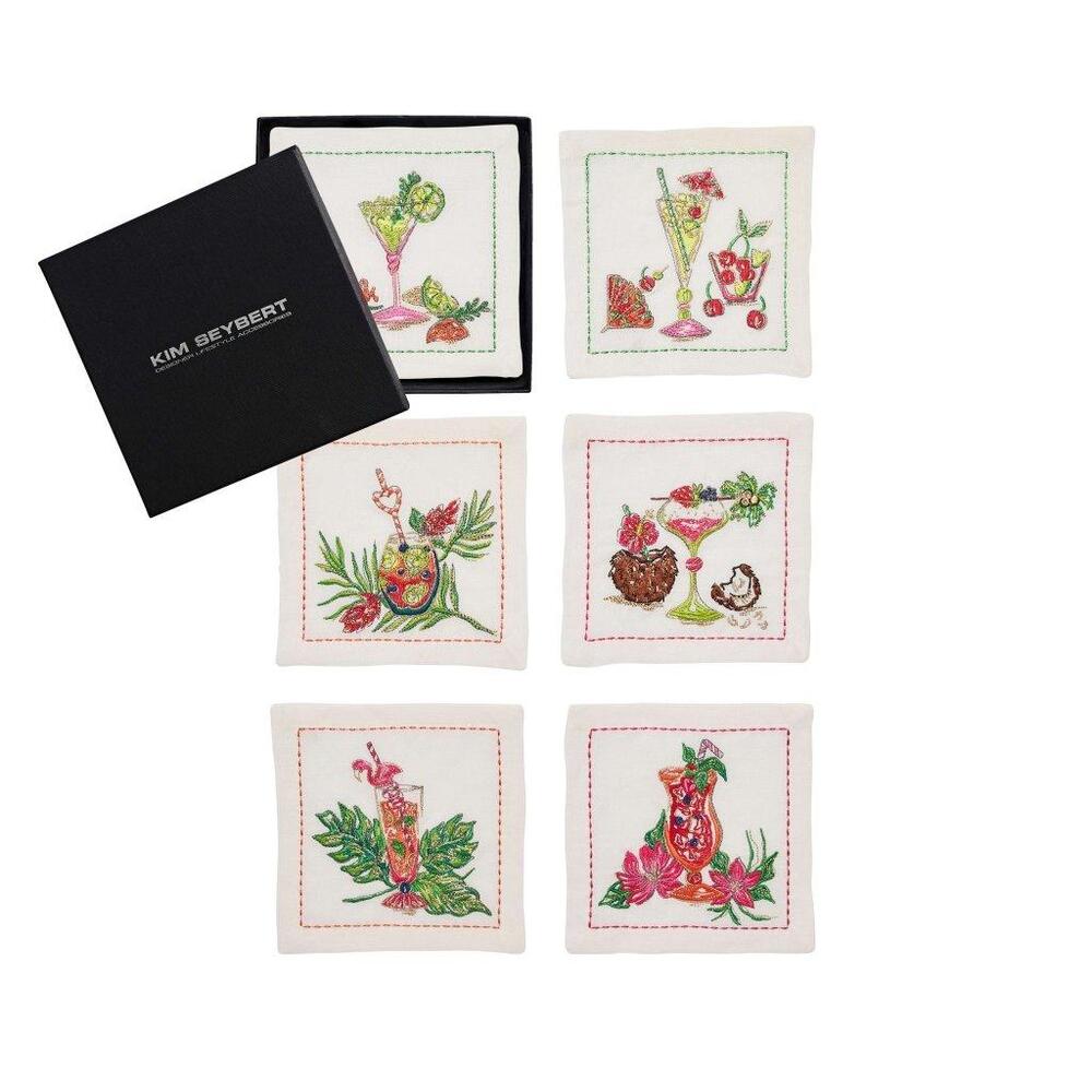 Tropicana Cocktail Napkins in White & Multi - Set of 6 in a Gift Box by Kim Seybert