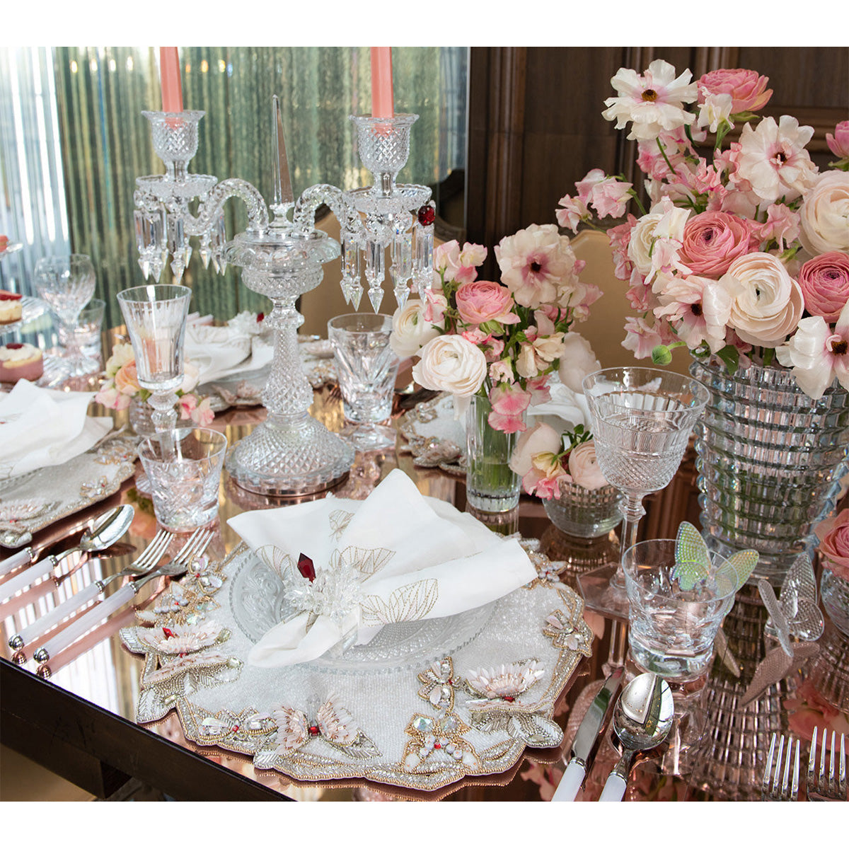 Diamant Butterflies Placemat in White & Blush - Set of 2 in a Gift Box by Kim Seybert Additional Image-4