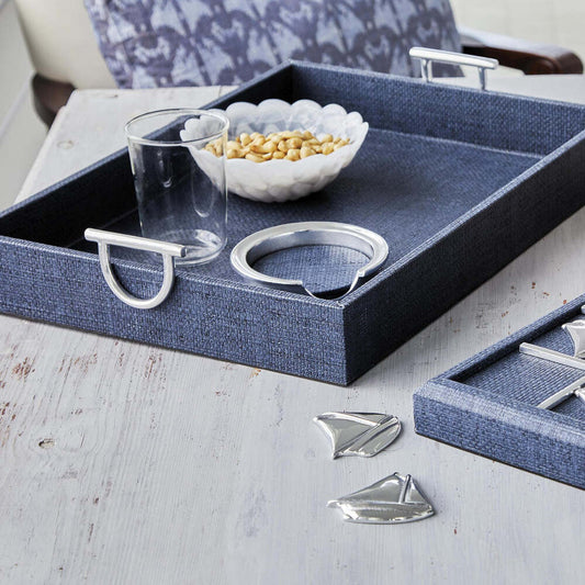 Indigo Faux Grasscloth Tray With Metal Handles by Mariposa Additional Image-2