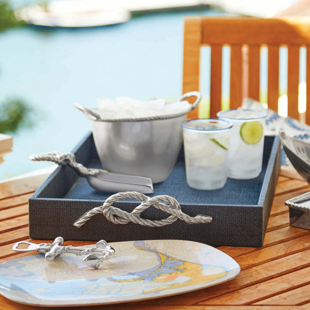 Indigo Faux Grasscloth Tray With Rope Metal Handles by Mariposa Additional Image-2