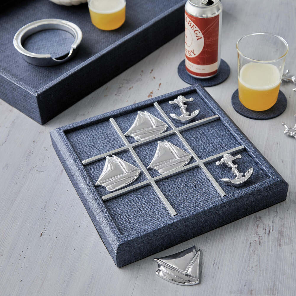 Sailboat & Anchor Indigo Blue Faux Grasscloth Tic Tac Toe Set by Mariposa Additional Image-2