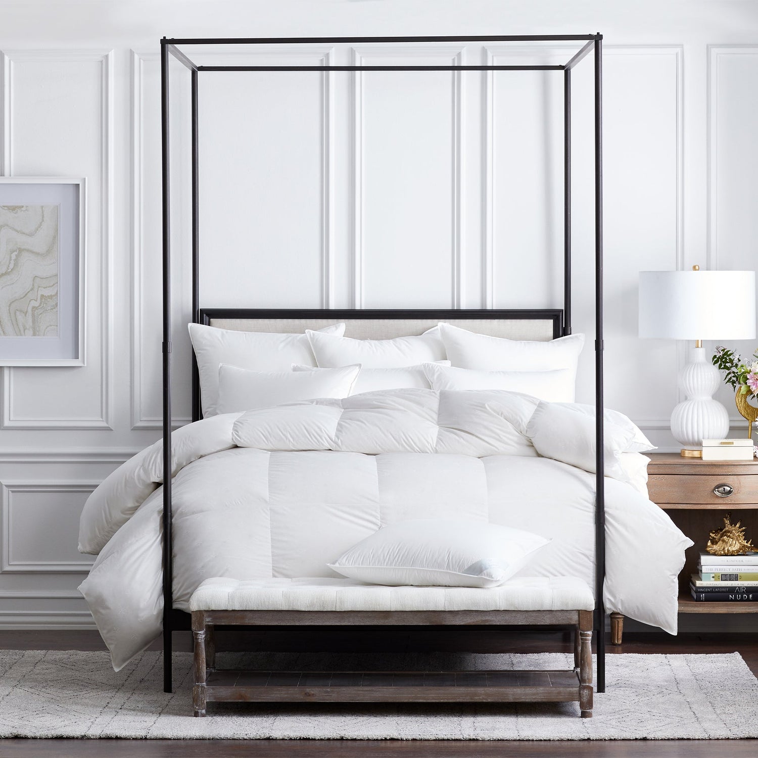 Scandia Home luxury down bedding — Vienna down pillows and comforter on a canopy bed