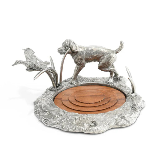 Lab and Duck Pewter Acacia Wood Wine Coaster by Vagabond House