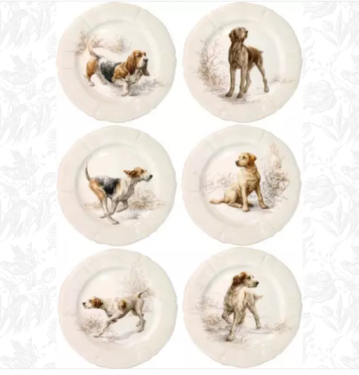 Sologne Assorted Dogs Dessert Plates, Set of 6