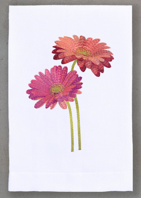 Pink Gerbera Guest Hand Towel on Ivory Linen