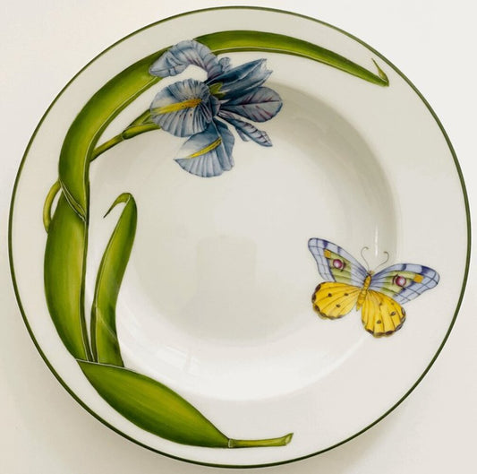 AM85 - Green Border Iris Soup/Pasta Plate by Anna Weatherley