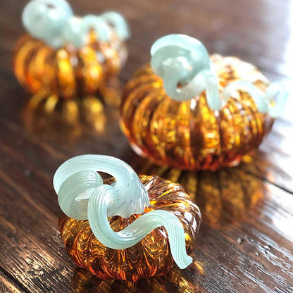 Amber Glass Medium Pumpkin with Teal Stem by Mariposa 2