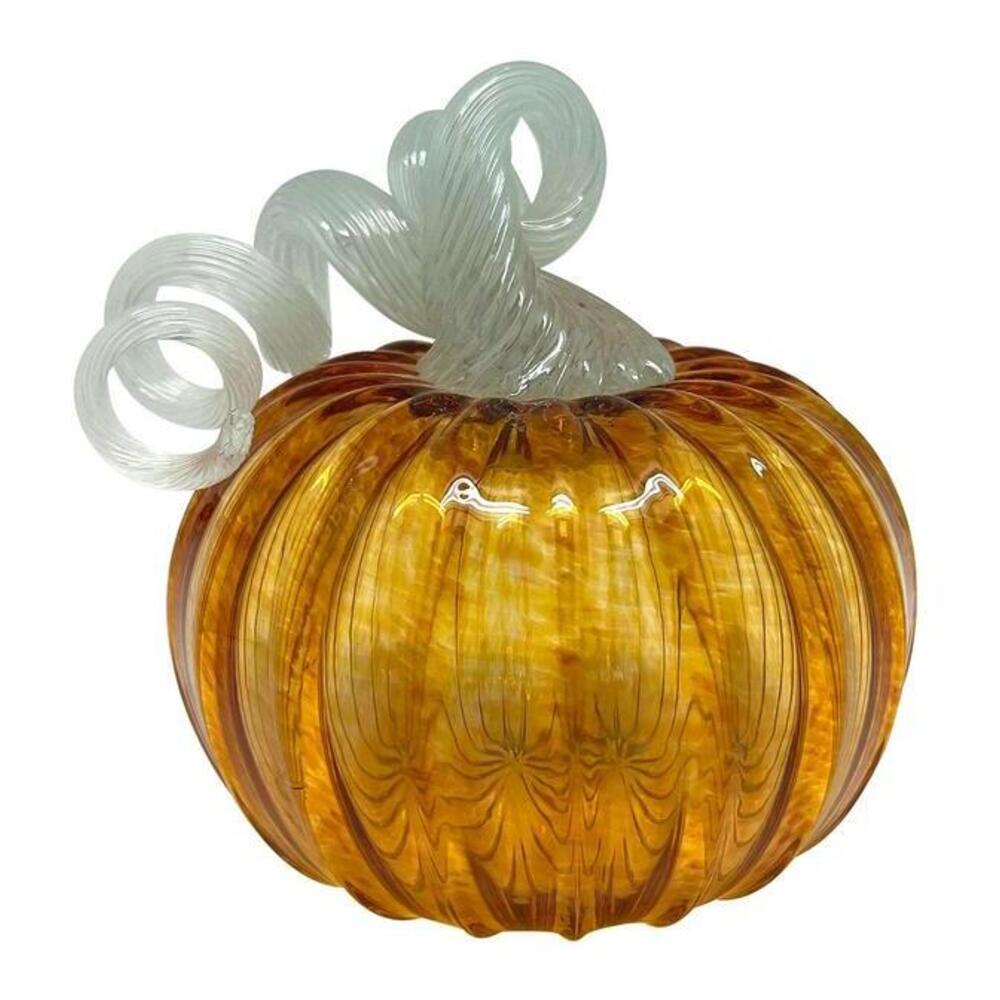 Amber Glass Small Pumpkin with Teal Stem by Mariposa 