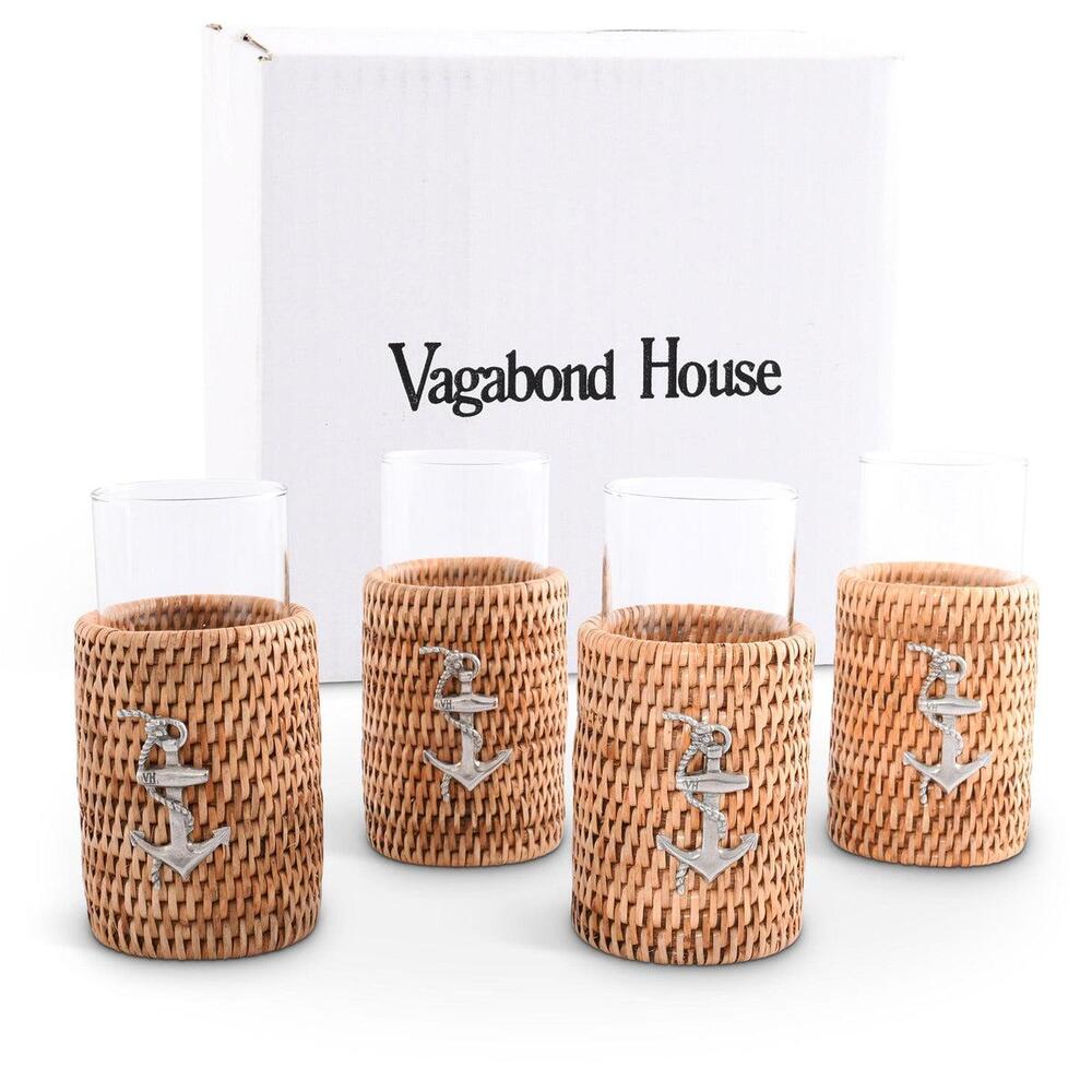 Anchor Drinking Glass Covered with Hand Woven Wicker Rattan - Set of 4 by Vagabond House 1