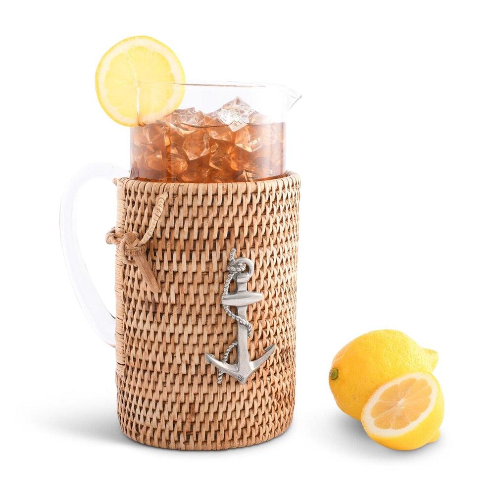 Anchor Glass Pitcher Hand Woven Wicker Natural Rattan Cover by Vagabond House 