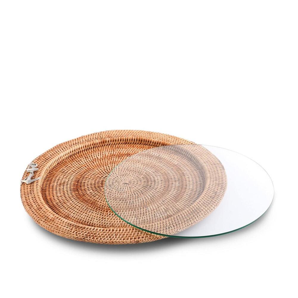 Anchor Round Serving Tray Hand Woven Wicker Rattan - Glass Insert by Vagabond House 1