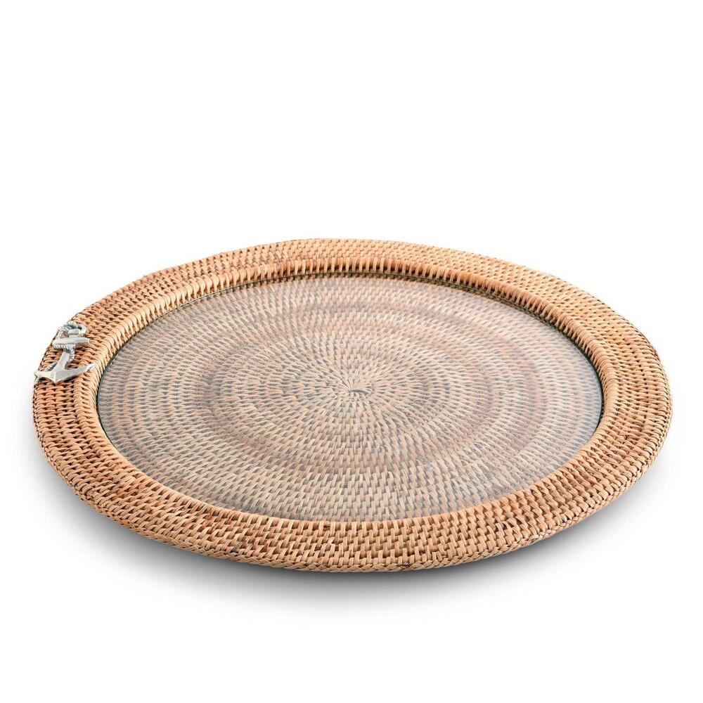 Anchor Round Serving Tray Hand Woven Wicker Rattan - Glass Insert by Vagabond House 5