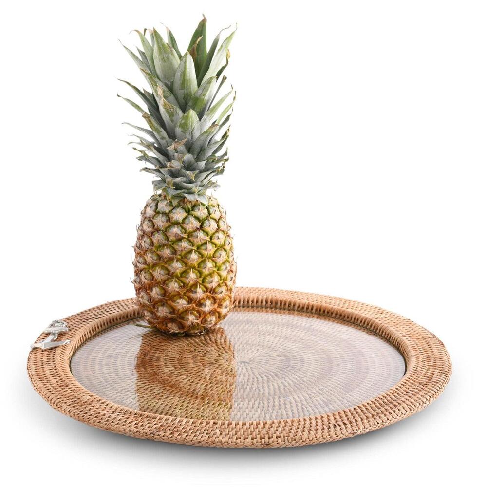 Anchor Round Serving Tray Hand Woven Wicker Rattan - Glass Insert by Vagabond House 6