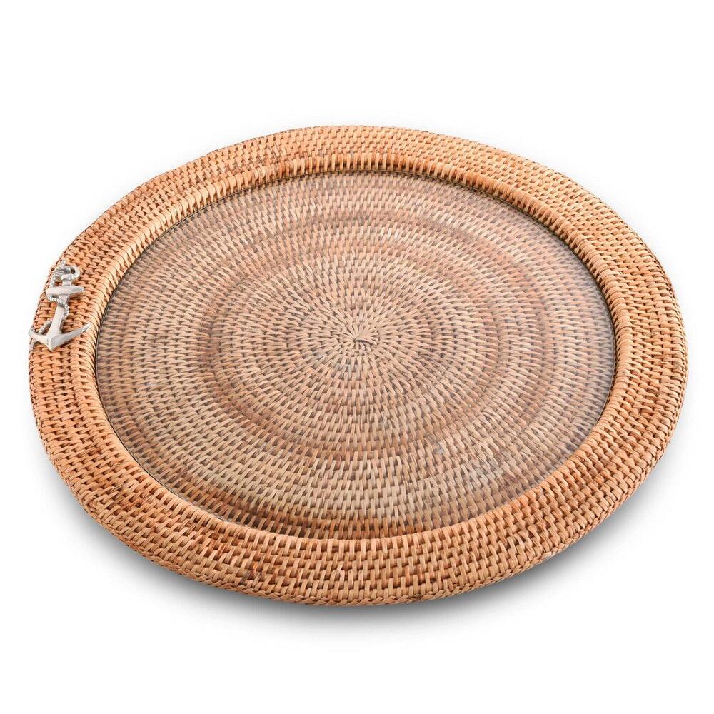 Anchor Round Serving Tray Hand Woven Wicker Rattan - Glass Insert by Vagabond House 