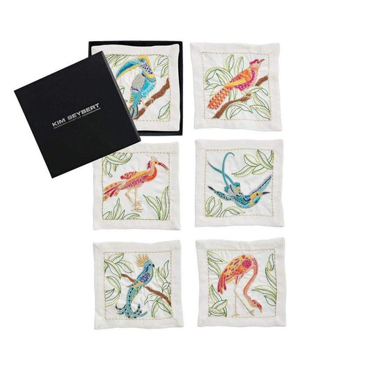 Birds of Paradise Cocktail Napkins in White & Multi - Set of 6 in a Gift Box by Kim Seybert 