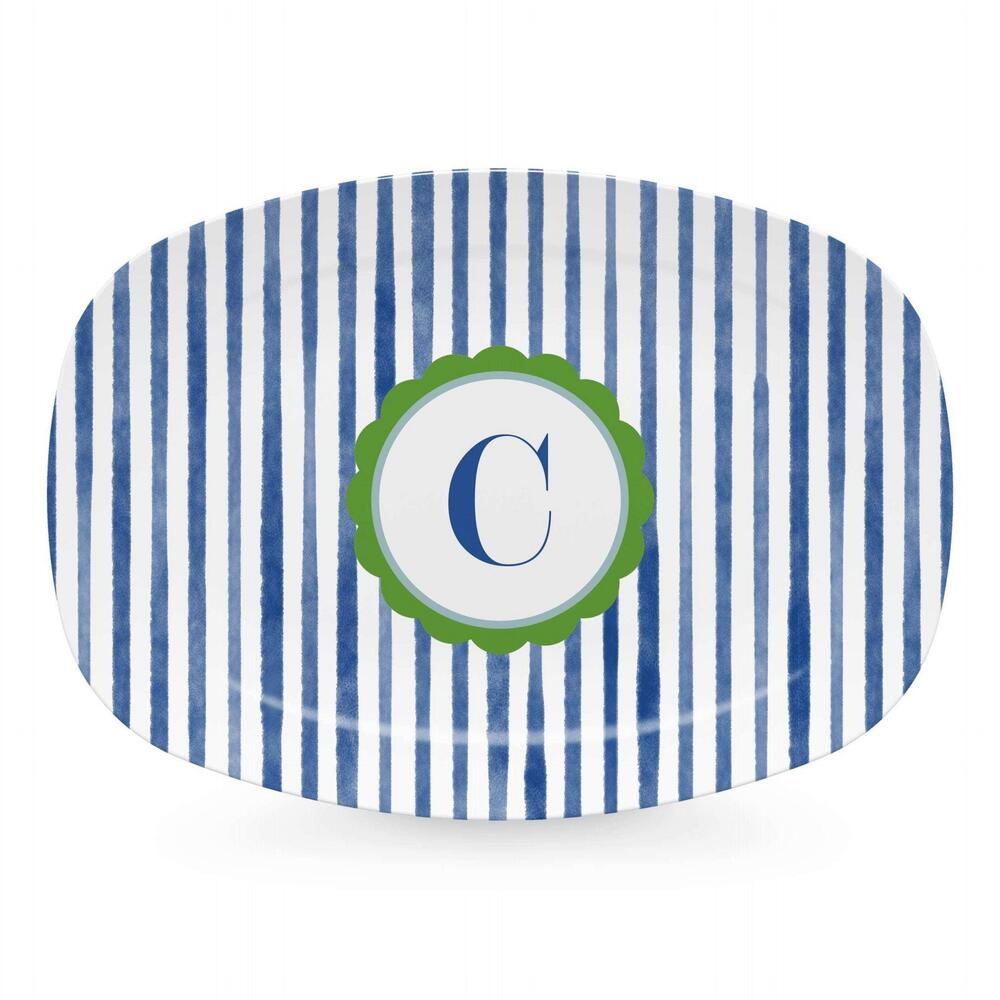 Blue Simple Stripes Platter with Scallop Interior - C by Mariposa 