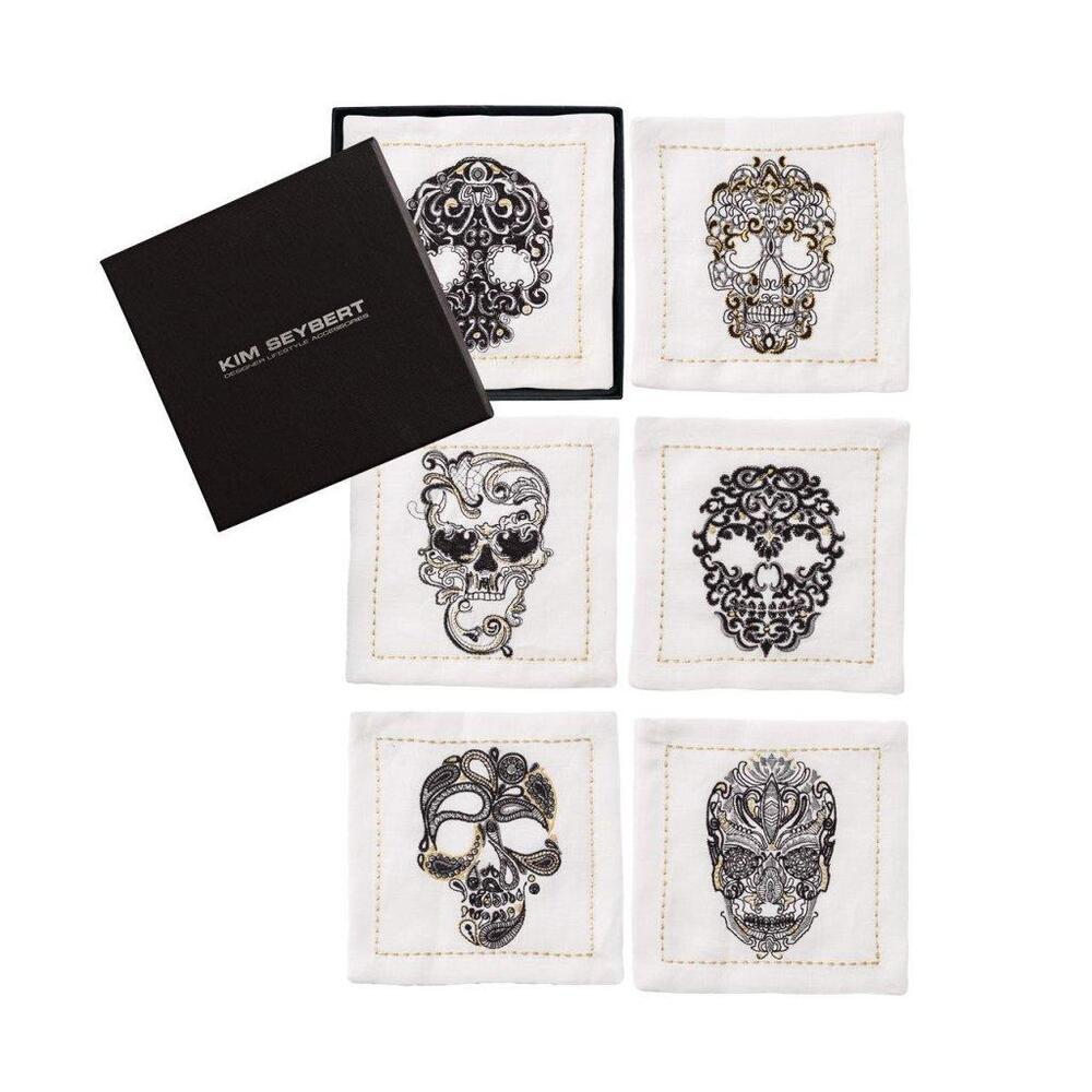 Catrina Cocktail Napkins in White & Multi - Set of 6 in a Gift Box by Kim Seybert 