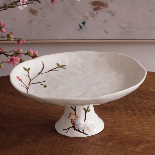 Ceramic Bird On Branch Pedestal Cake Plate - Multi by Beatriz Ball 