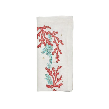 Coral Spray Napkin in White - Coral & Turquoise - Set of 4 by Kim Seybert 