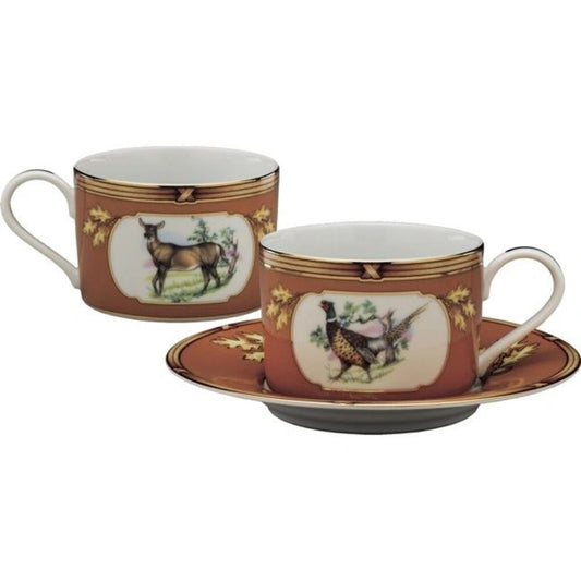 Cup & Saucer Pheasant & Doe American Wildlife by Julie Wear 