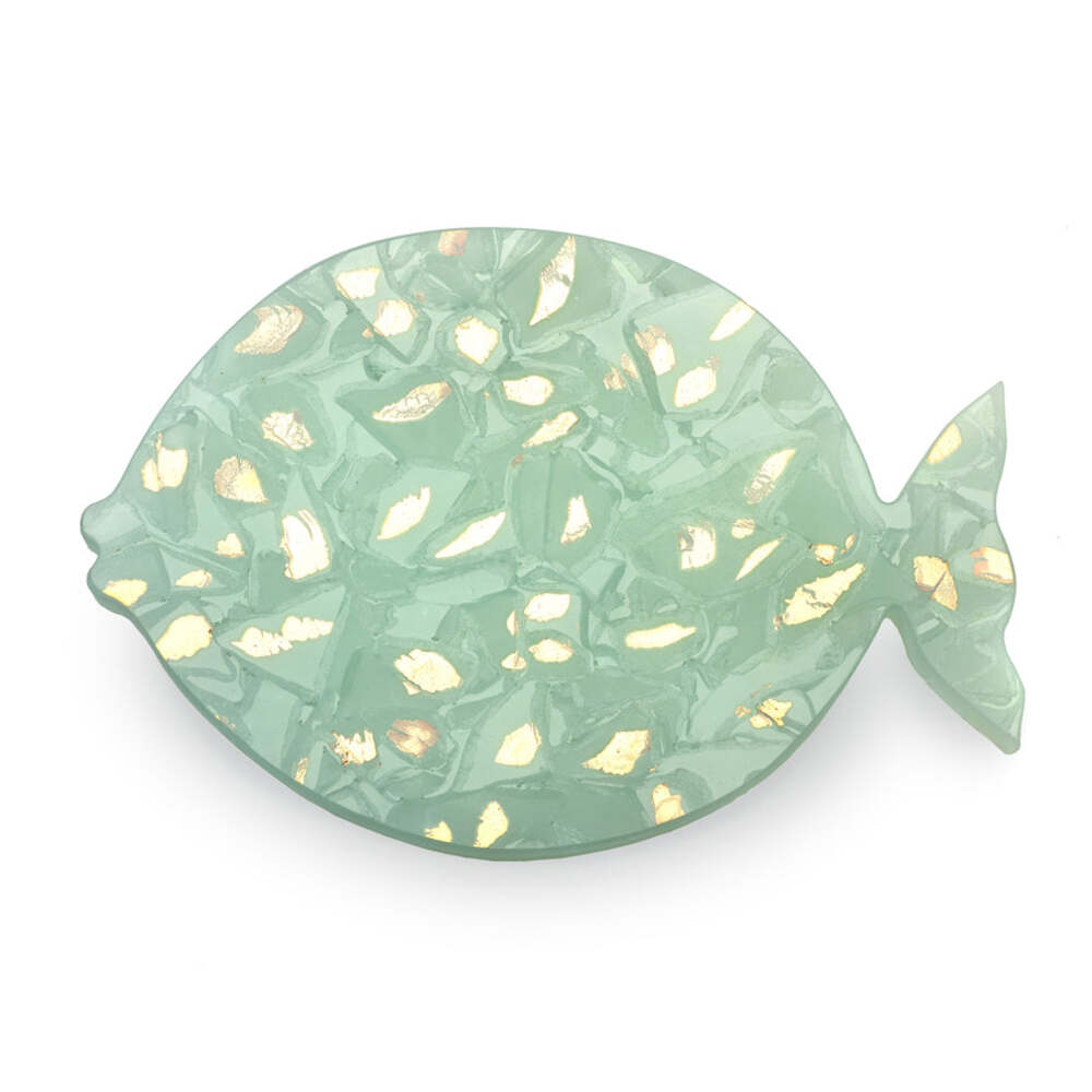 Elements 8" x 12" Green with Gold Flakes Kisser Fish by Annieglass 