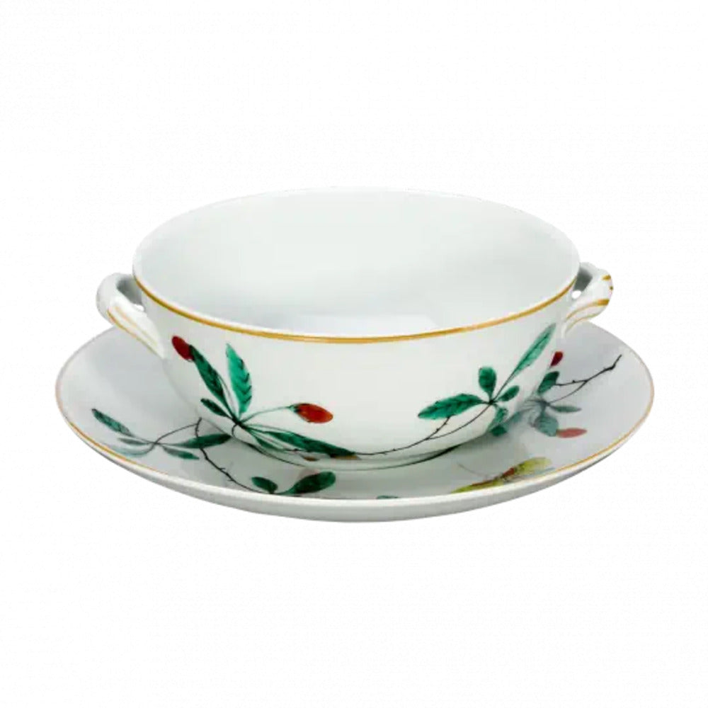 Famille Verte Bouillon Cup with Handles & Saucer by Mottahedeh