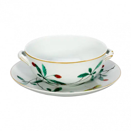 Famille Verte Bouillon Cup with Handles & Saucer by Mottahedeh