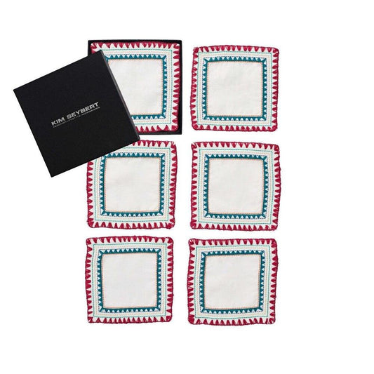 Frolic Cocktail Napkins in White & Multi - Set of 6 in a Gift Box by Kim Seybert 