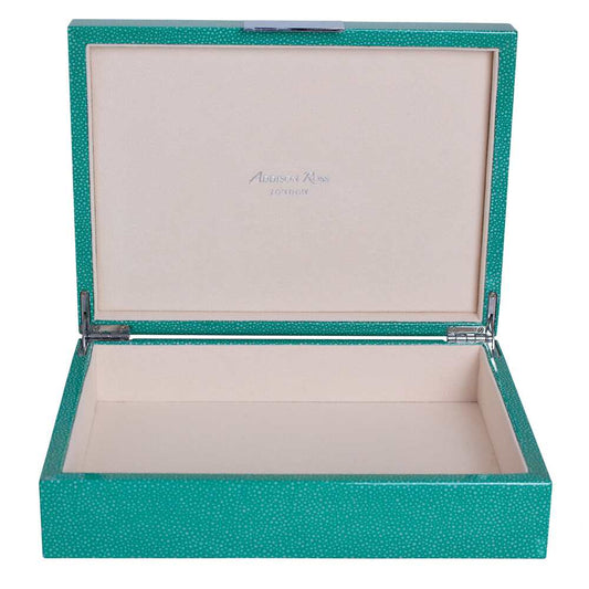 Green Shagreen Storage Box: Silver Trim 8"x11" by Addison Ross