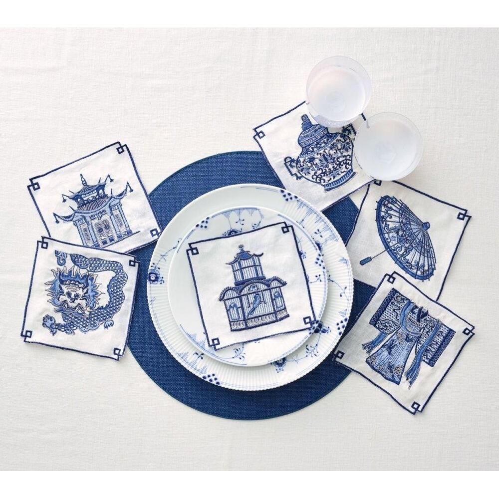 Indochine Cocktail Napkins in White & Blue - Set of 6 in a Gift Box by Kim Seybert 1