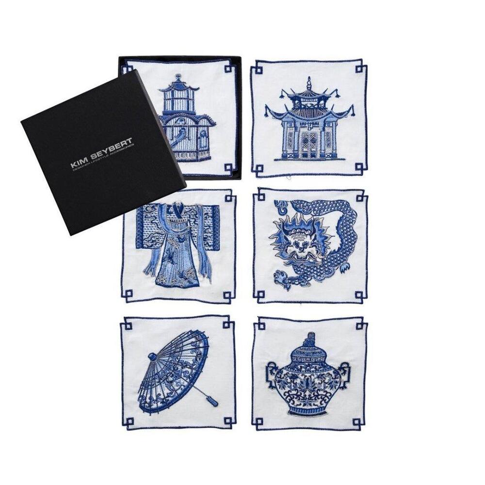 Indochine Cocktail Napkins in White & Blue - Set of 6 in a Gift Box by Kim Seybert 