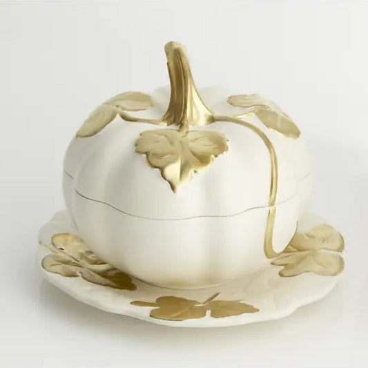Melon Tureen Matte White & Gold & Stand by Mottahedeh