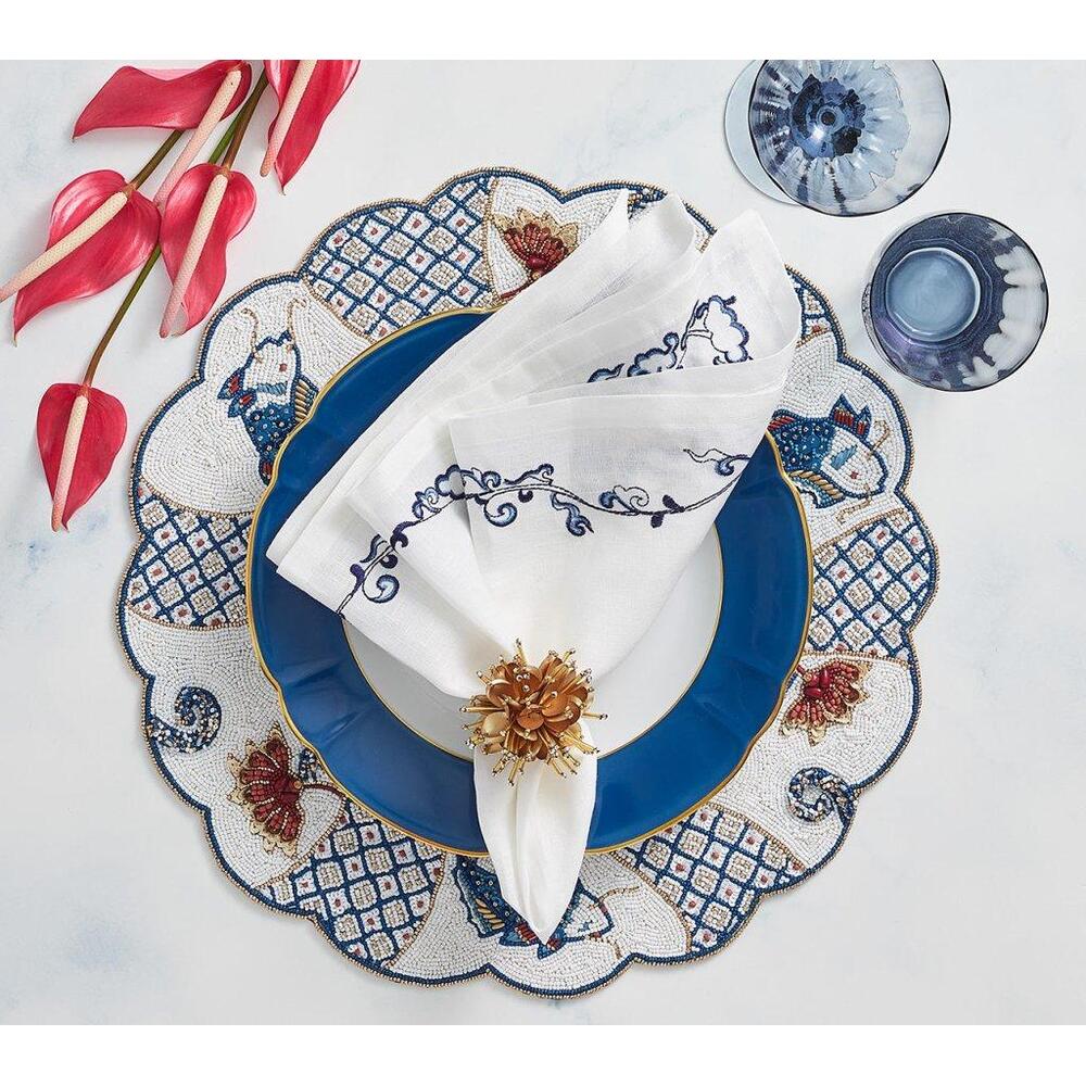 Ming Border Napkin in White & Navy - Set of 4 by Kim Seybert 1